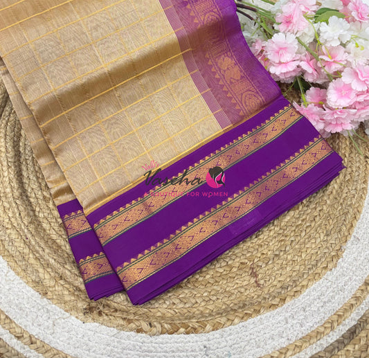 Pure Korvai Silk Cotton With Retta Petta Border - Checks pattern - Chikku/Cream & Purple - VVKSC013