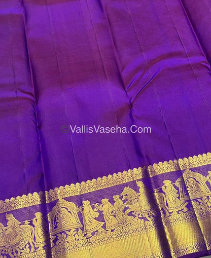 Pure Kanchipuram Silk Saree - Double Tone Peacock Blue with Purplish Pink Shade - VVPS014