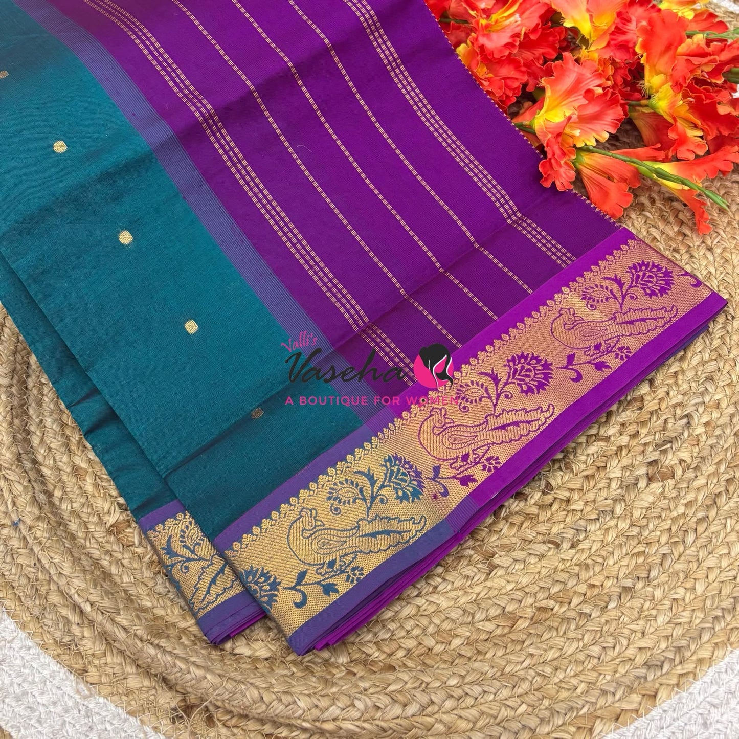 Semi Silk Cotton Saree - Small Round with Zari Butta  -  VVSSC014
