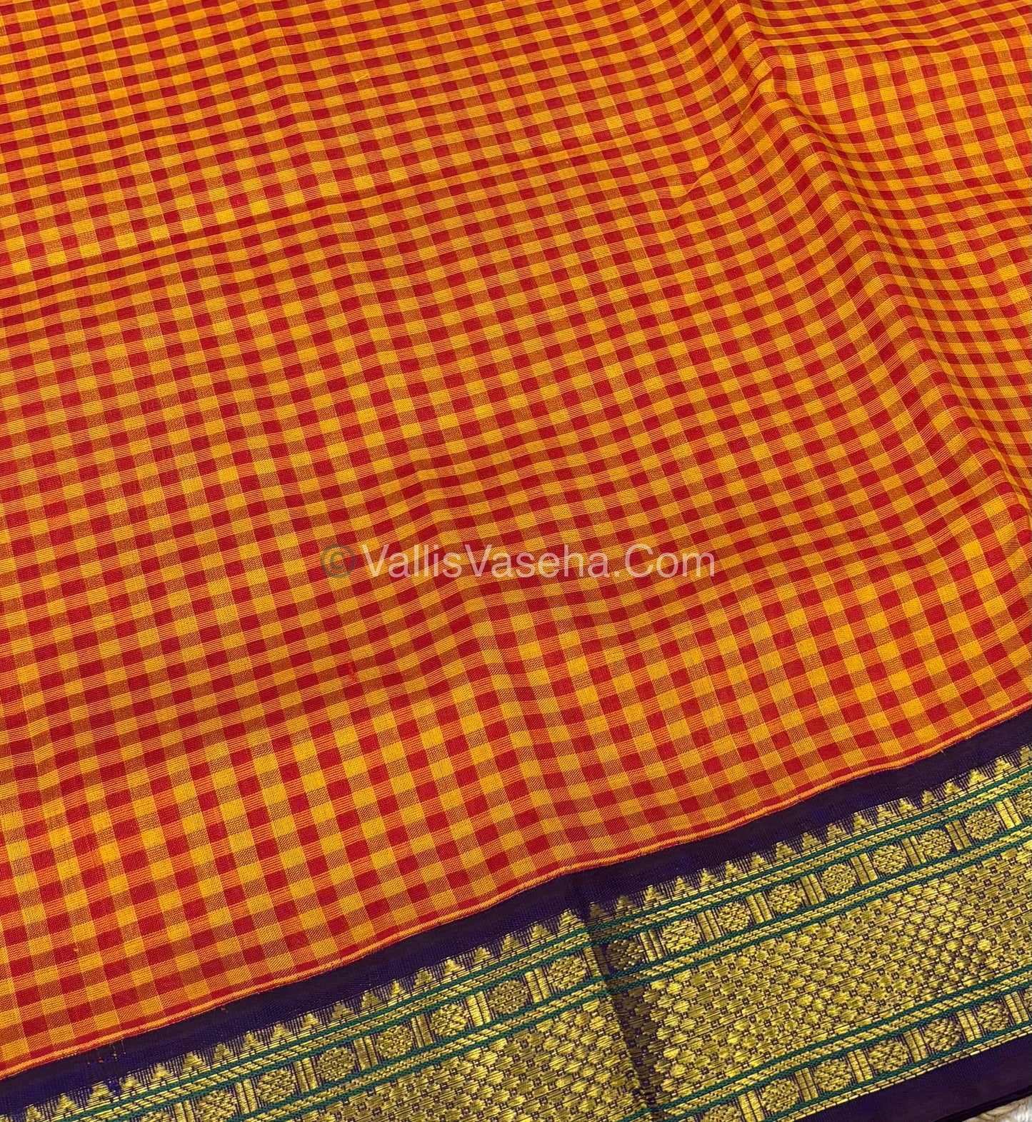 Pure Korvai Silk Cotton - Podi Kattam - Yellow & Red With Blue - VVKSC003