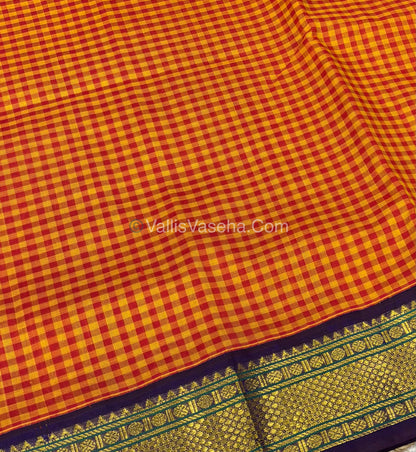 Pure Korvai Silk Cotton - Podi Kattam - Yellow & Red With Blue - VVKSC003