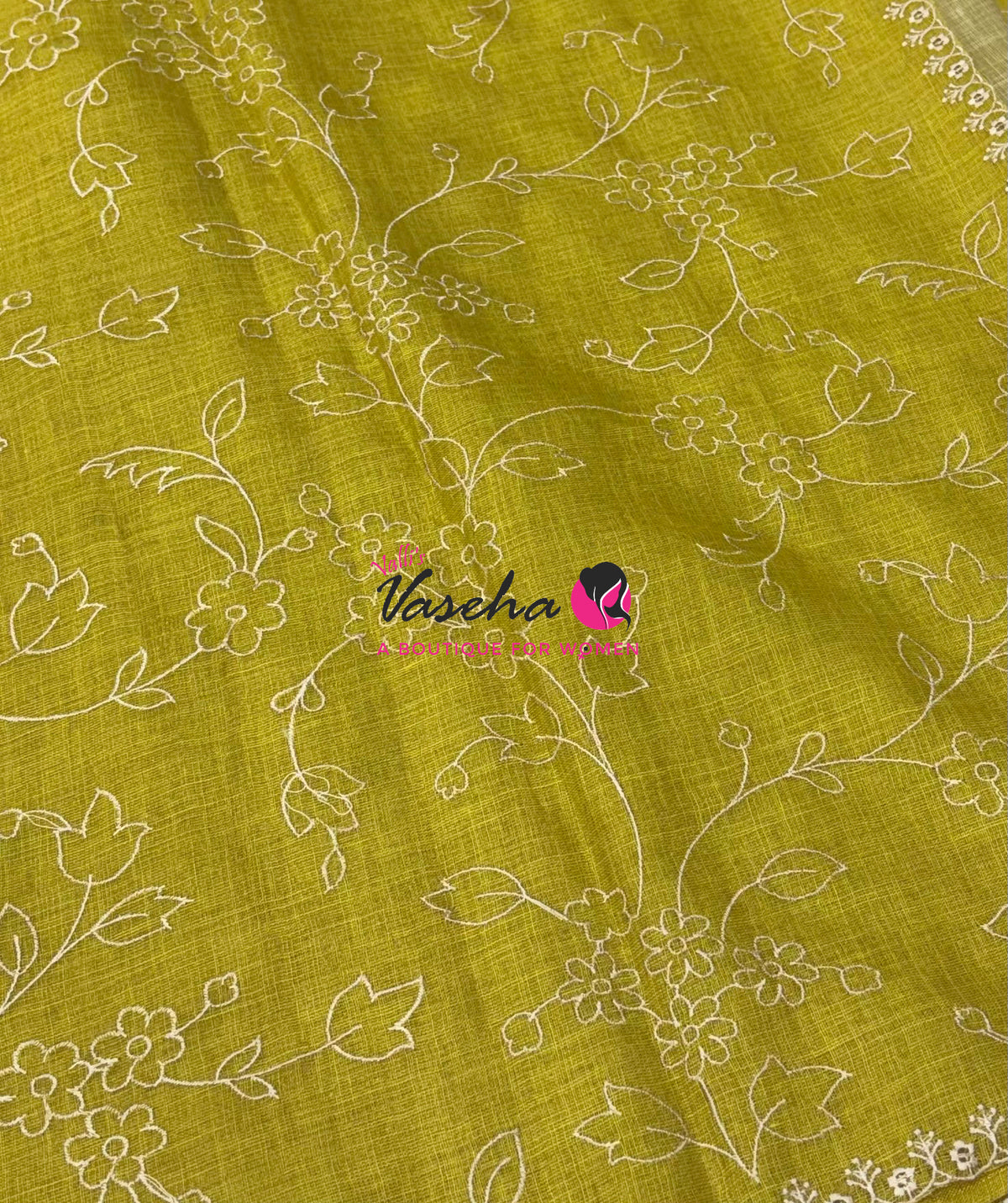 Linen Tissue Saree - Lemon Yellow Shade - VVLTS009