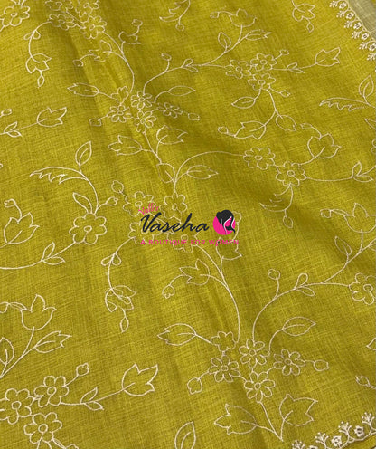 Linen Tissue Saree - Lemon Yellow Shade - VVLTS009