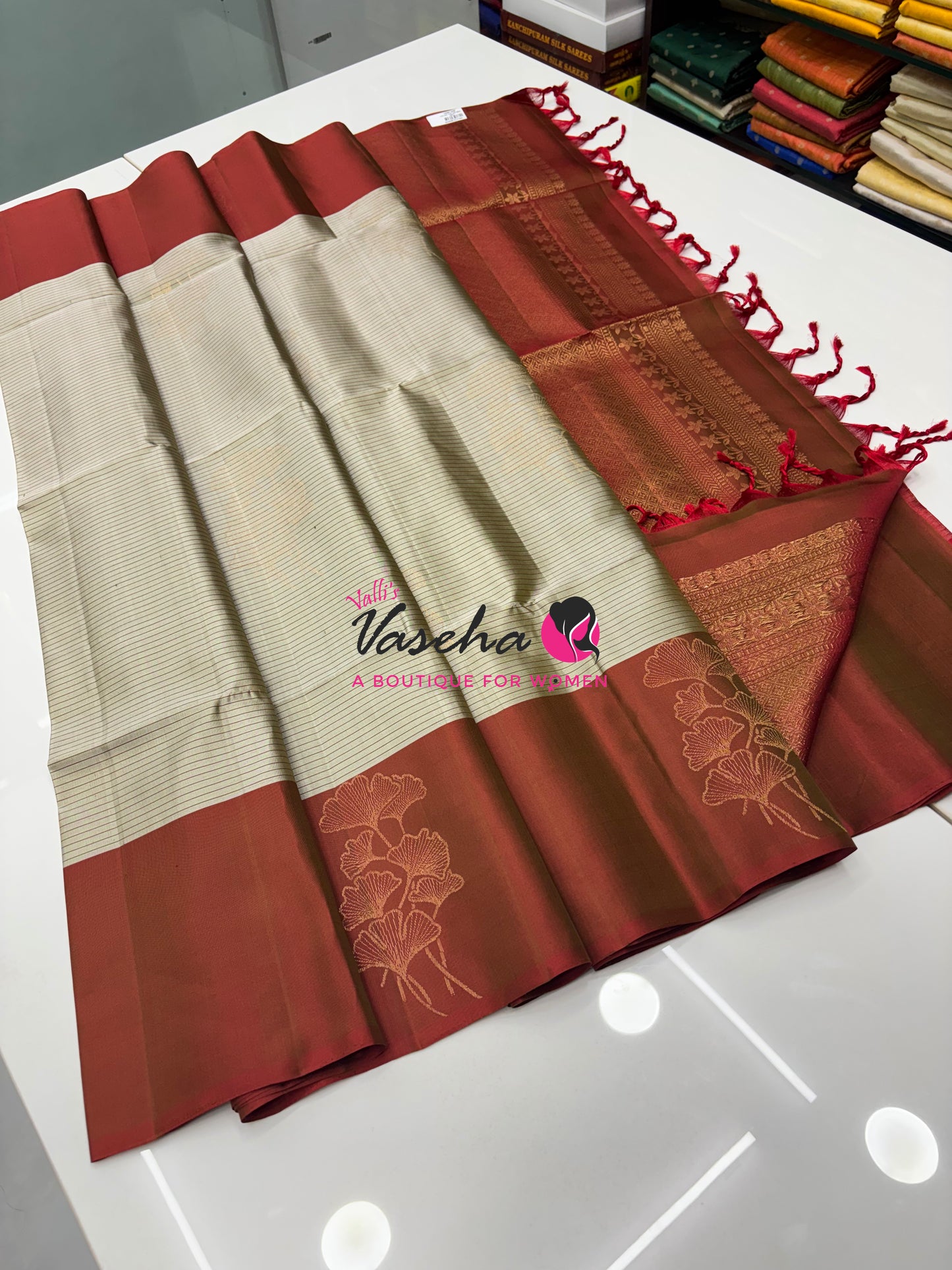 Pure Soft Silk Saree - Cream  With Red - VVPSS072