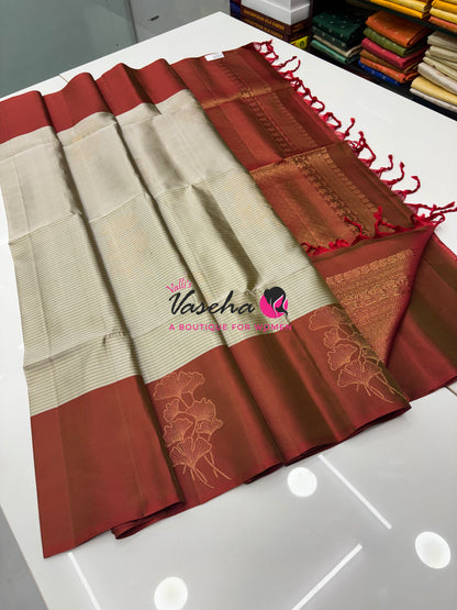 Pure Soft Silk Saree - Cream  With Red - VVPSS072