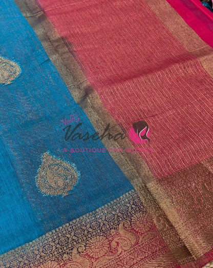 Bamboo Silk Saree- Ramar Blue with Pink Shade - VVBSS013
