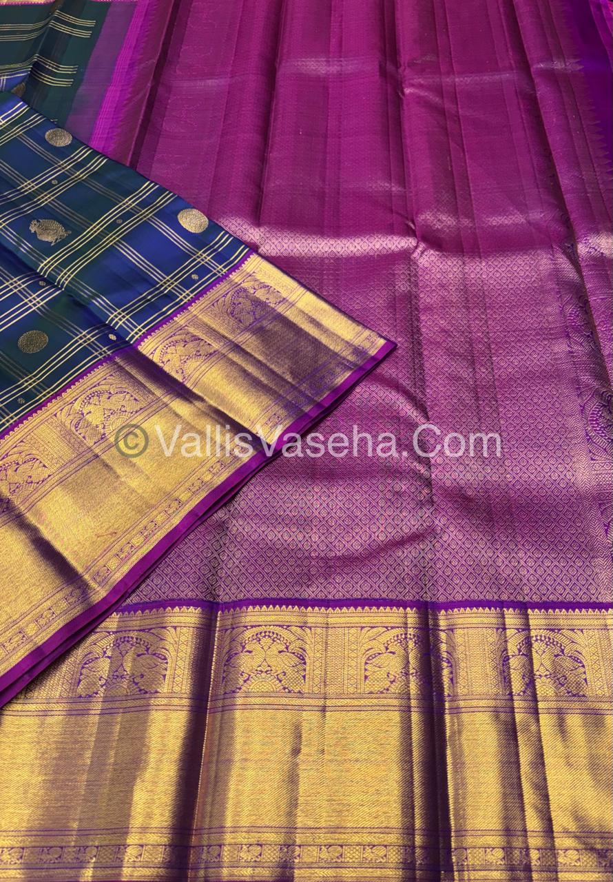 Pure Kanchipuram Silk Saree - Peacock Blue & Purplish Pink Combo - VVPS040