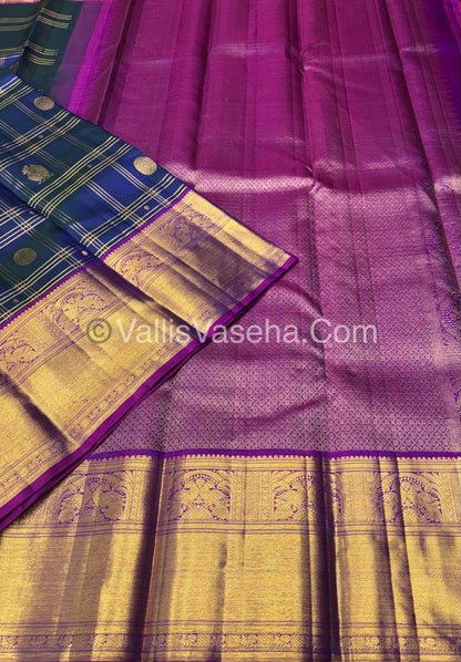 Pure Kanchipuram Silk Saree - Peacock Blue & Purplish Pink Combo - VVPS040