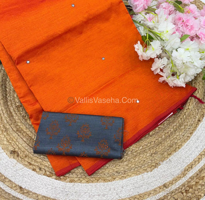 Poly Silk Mixed Cotton - Mirror Work Embroidery - Orange with Grey  - VVPCM001