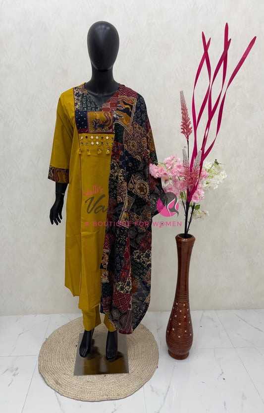 Readymade 3pc Set - Yellow - V Neck Kalamkari / Ajrakh Design - VVRMS010