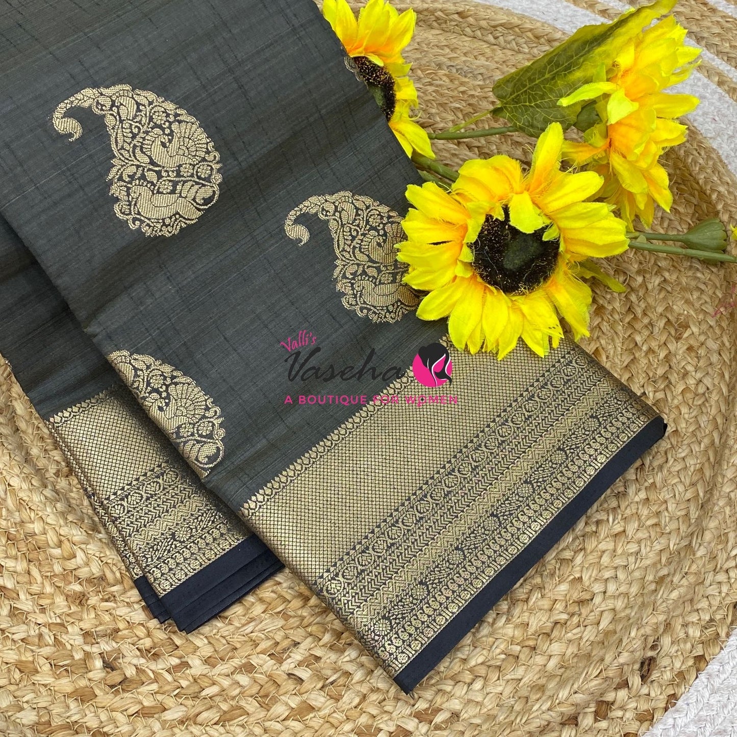 Semi Tussar Silk Saree | Black Shade |VVSTS055