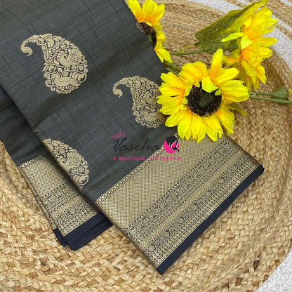 Semi Tussar Silk Saree | Black Shade |VVSTS055