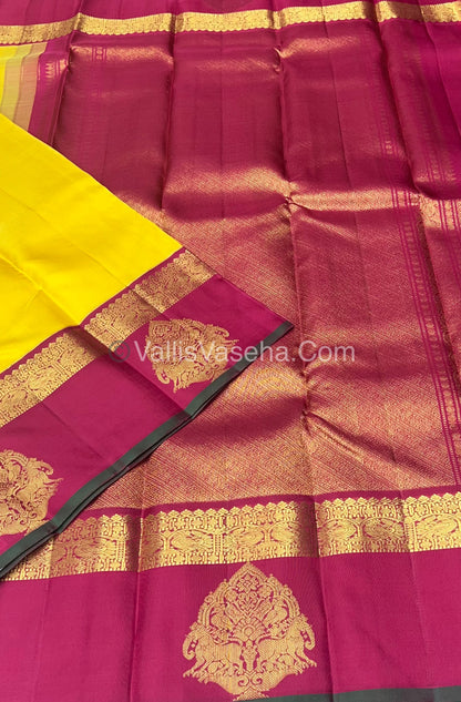 Pure Vintage Korvai Kanchipuram Silk Saree - Yellow & Maroon Combo - VVPS006