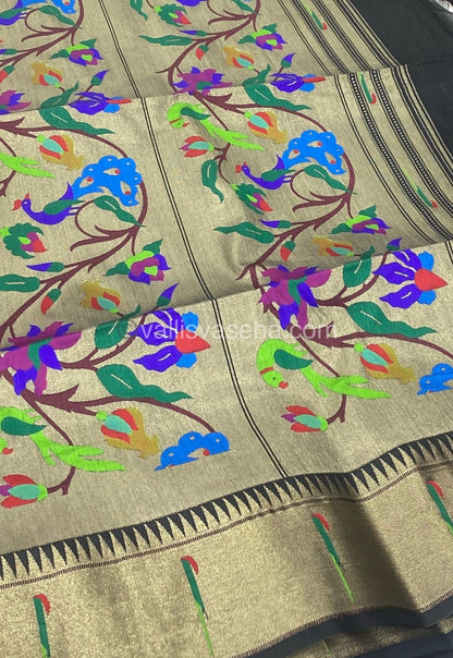 Semi Raw Silk - Paithani Design Weaving - Black Shade - VVRS005