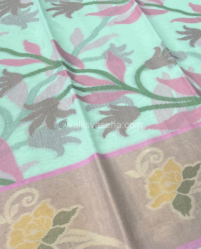 Banarasi Pochampally Weaving Semi Soft Cotton Saree - Pista Green with Pink - VVBPS001