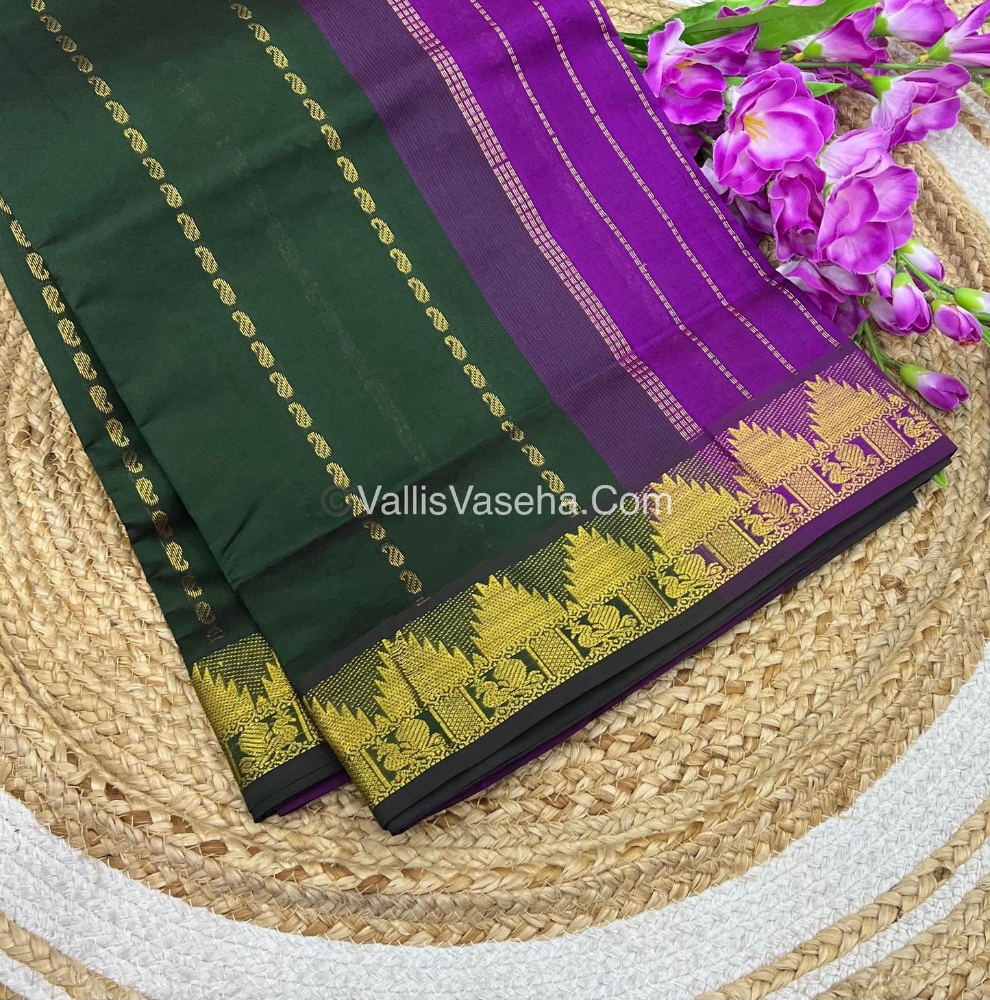 Semi Silk Cotton Saree - Green With Purple Shade - VVSSC005