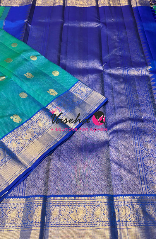 Pure Kanchipuram Silk Saree - Vairavoosi Design  - Dual Tone Blue & Blue Combo - VVPS059