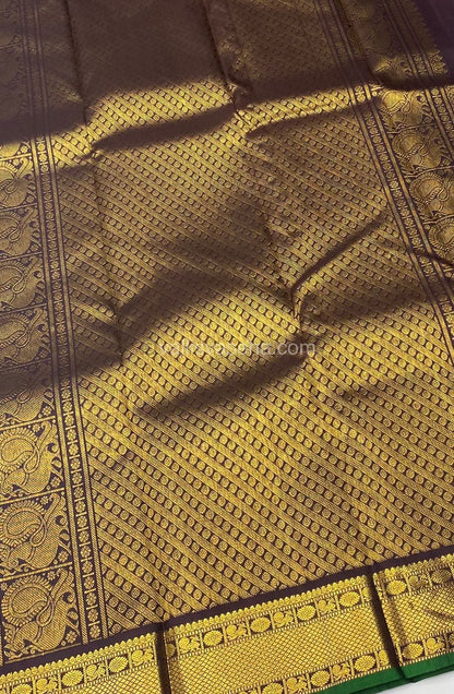 Pure Kanchipuram Silk Saree - Lakshadeepam Butta with Retta Petta Border - Grey with Brown shade - VVPS006