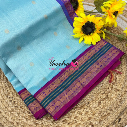 Pure Korvai Silk Cotton Saree - Blue with Purple - VVKSC004