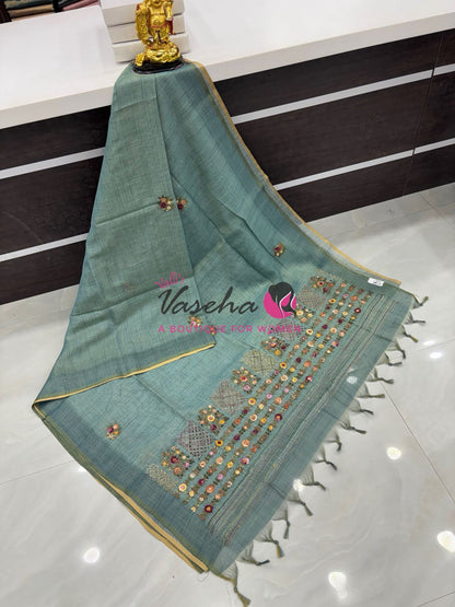 French Knot - Linen Tissue Saree - Blue Shade - VVLFN017