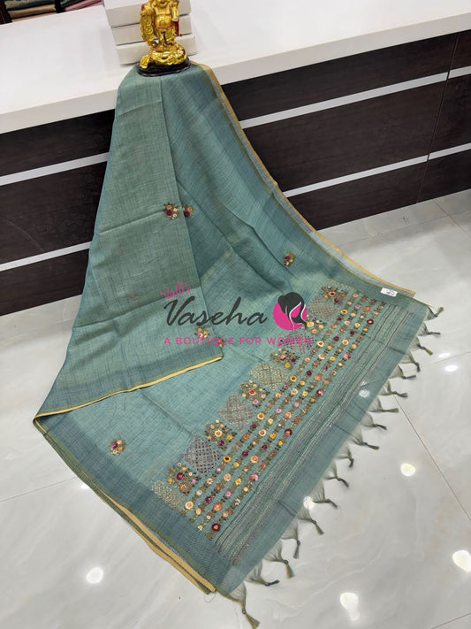 French Knot - Linen Tissue Saree - Blue Shade - VVLFN017