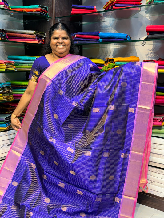 Pure Silk Cotton Saree - Mayil & Chakkaram Design - Blue with Peachish Pink Combo - VVMC002