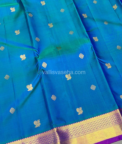 Pure Kanchipuram Silk Saree -  Peacock Blue & Purplish Pink Shade  - VVPS022