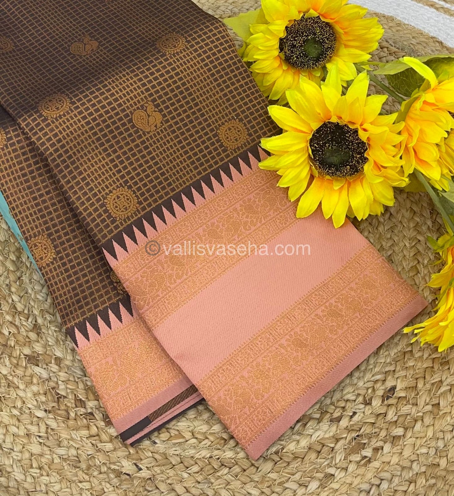 Kanchi Semi Silk - Brown with Peach  - Mayil & Chakkaram design - VVKSS001