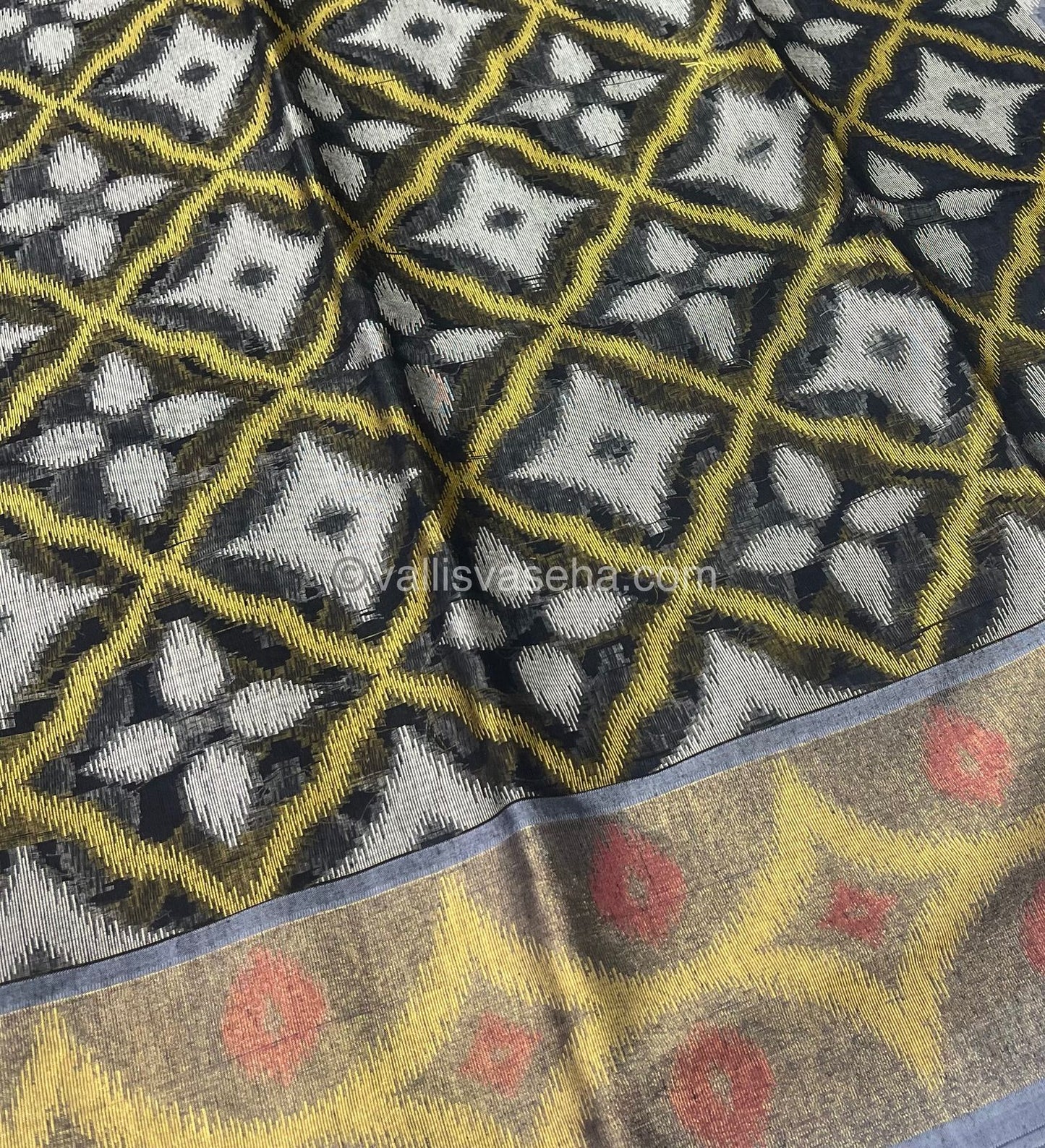 Banarasi Pochampally Weaving Semi Soft Cotton Saree - Black with Grey - VVBPS001
