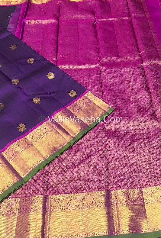 Pure Kanchipuram Silk Saree - Purple with Pink Combo - VVPS021
