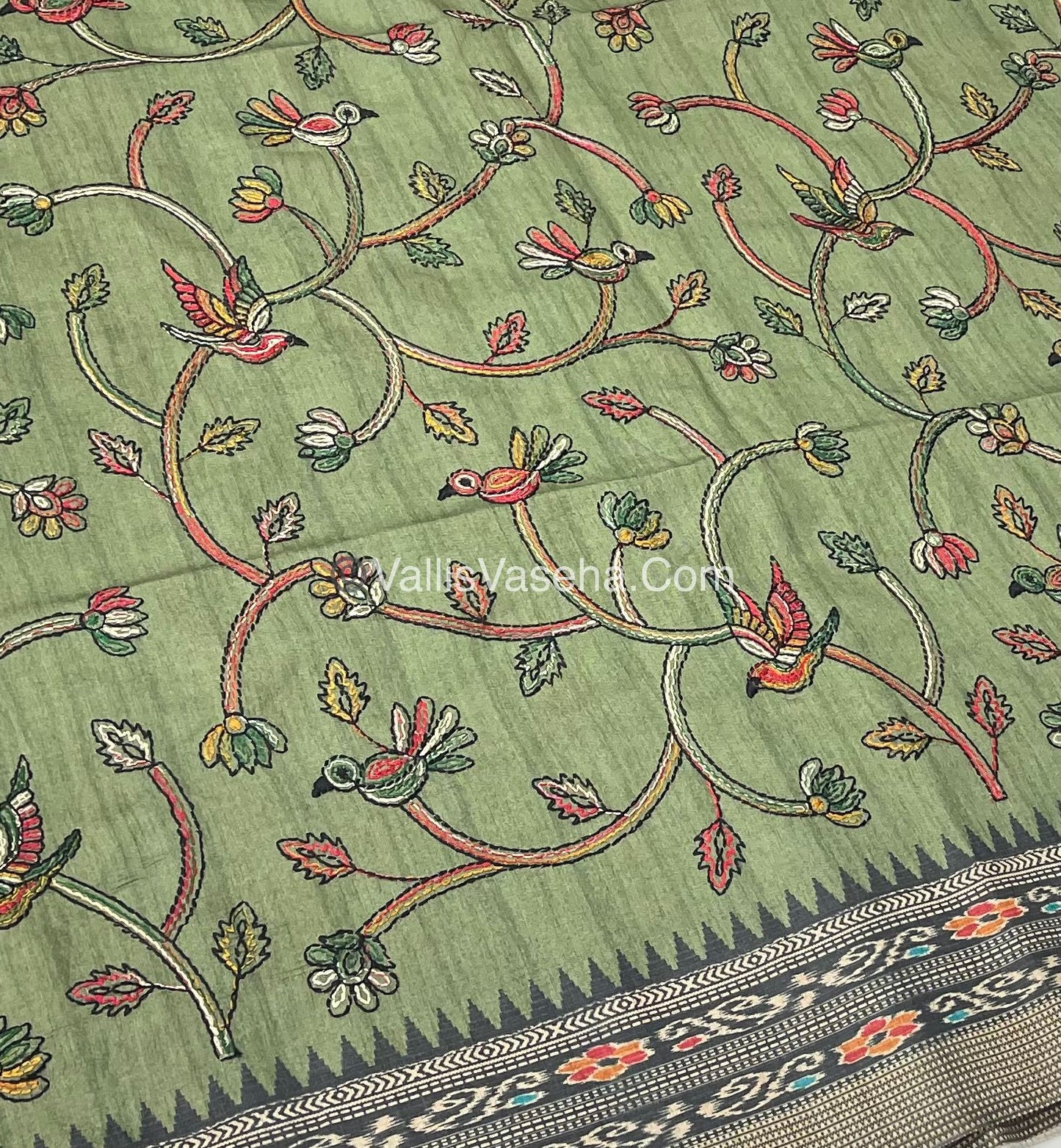 Semi Tussar - Kantha Work Embroidery - Green Shade - VVSTK001