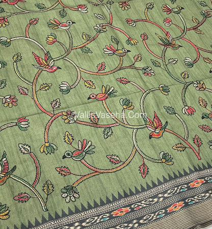 Semi Tussar - Kantha Work Embroidery - Green Shade - VVSTK001