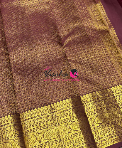 Pure Kanchipuram Silk Saree - Rust Orange  With Wine Brown - VVPS097