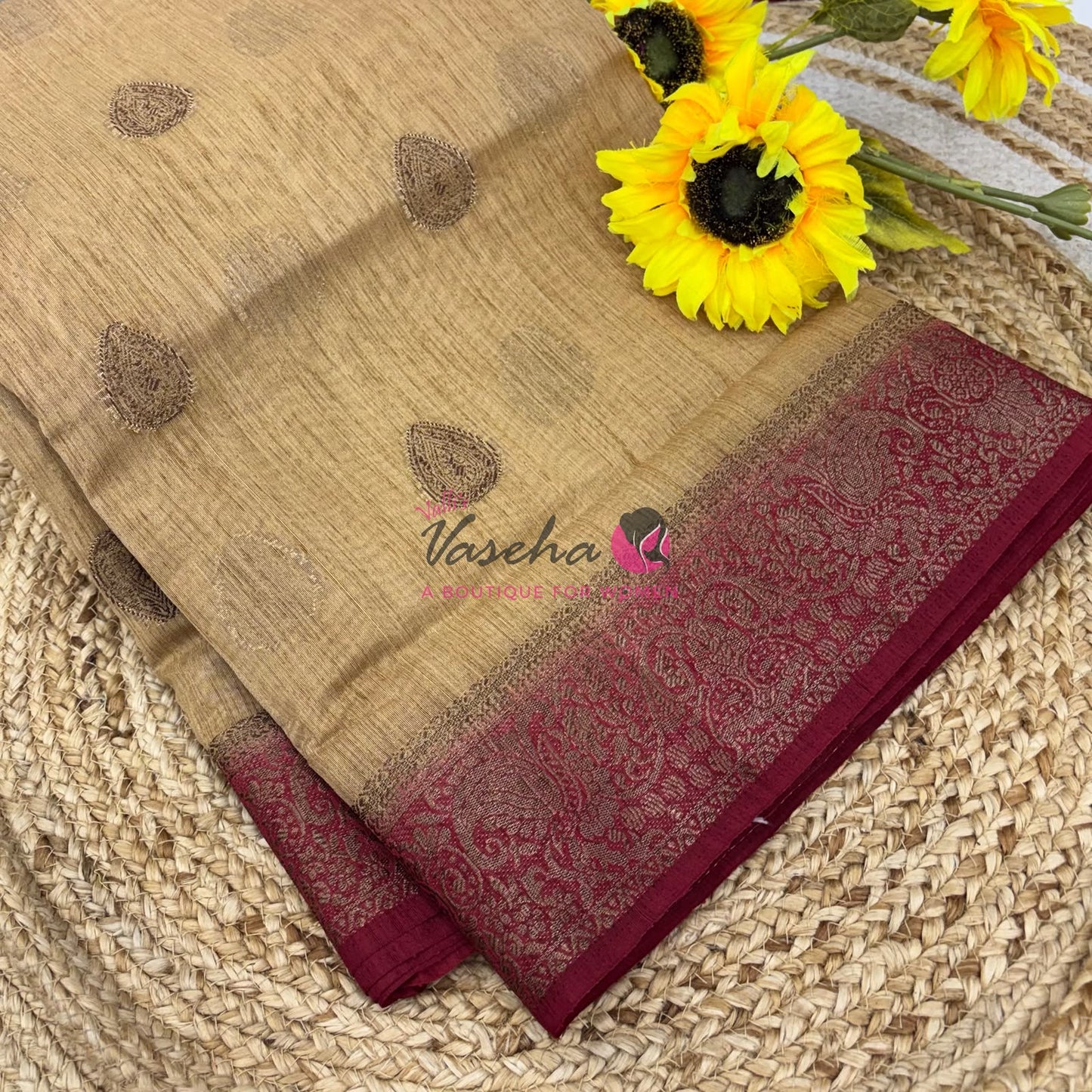 Bamboo Silk Saree- Cream with Maroon Shade - VVBSS016
