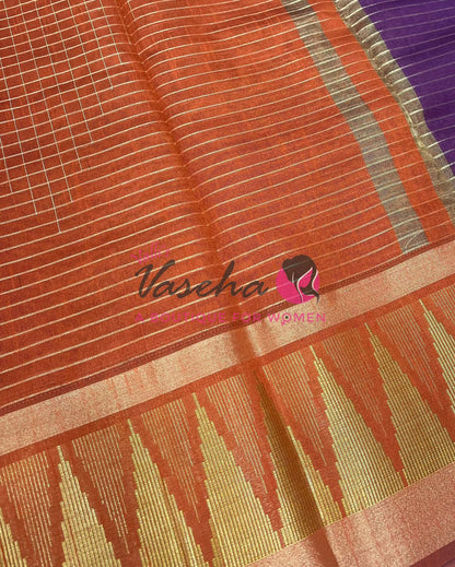 Semi Raw Silk - Lakshadeepam Design - Dark Purple With Rust Orange Shade - VVRS008