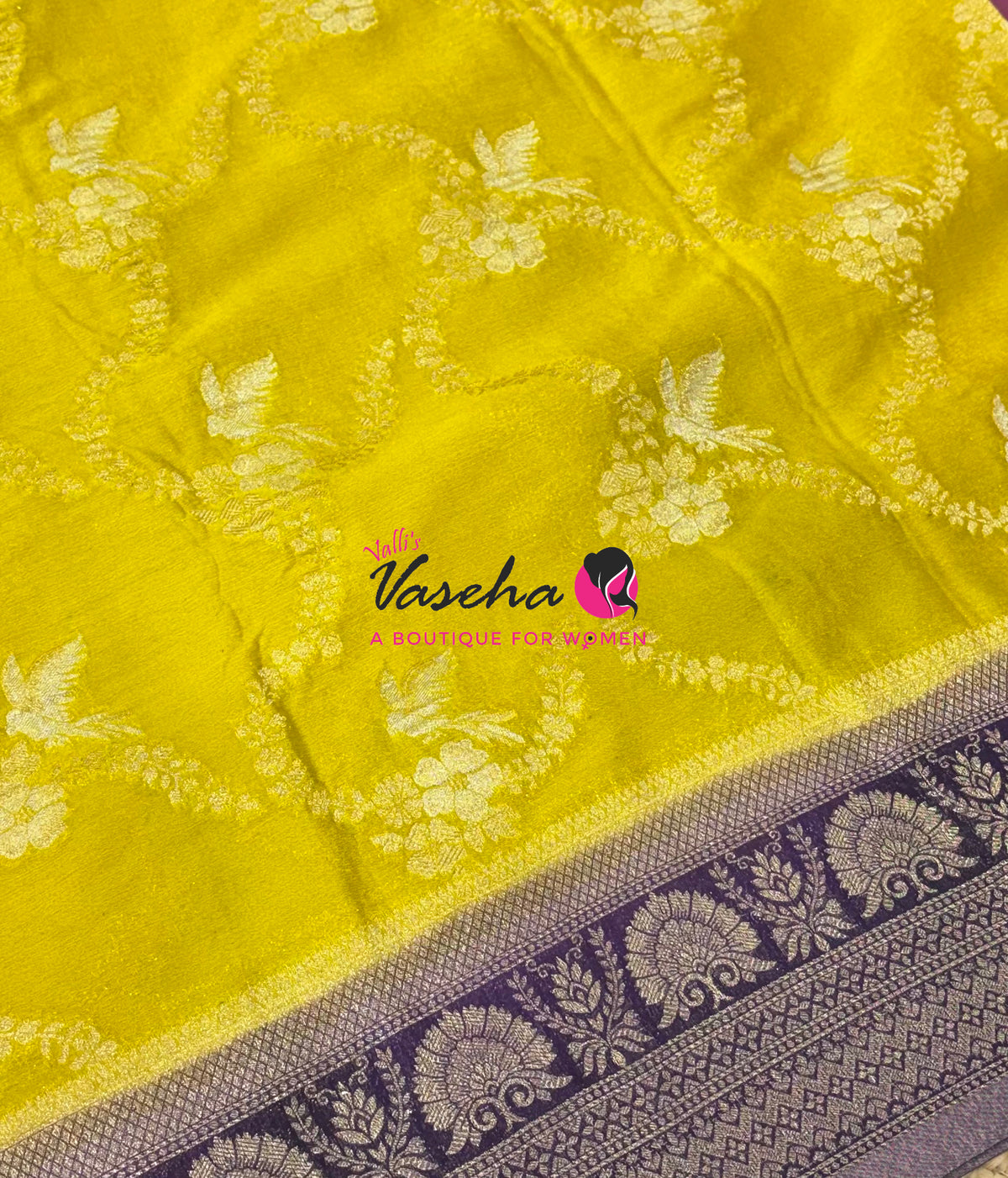 Banarasi Georgette Saree - Lemon Yellow With Violet Combo - VVBGS002