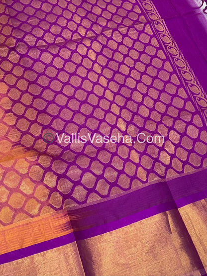 Pure Korvai Silk Cotton Saree - Yellow With Purple Shade Temple border - VVKSC001