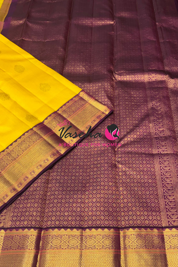 Pure Vintage Korvai Kanchipuram Silk Saree - Yellow With Purplish Pink - VVPS046