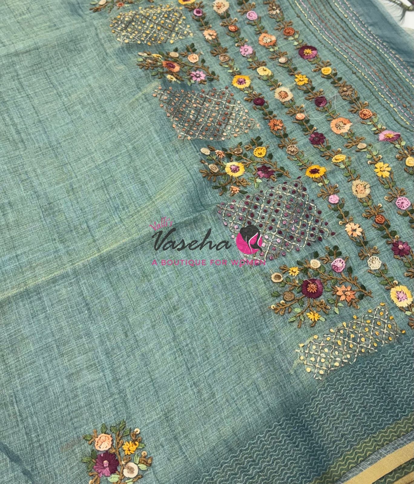 French Knot - Linen Tissue Saree - Blue Shade - VVLFN017