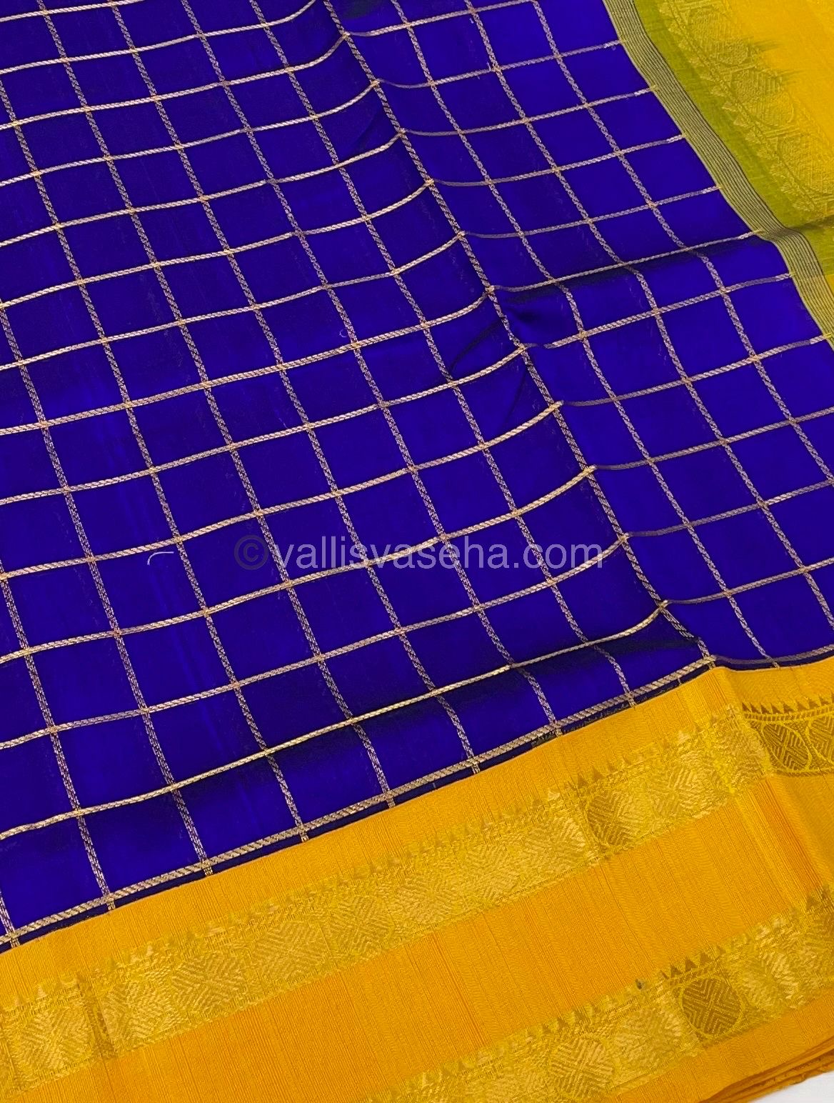 Pure Korvai Silk Cotton With Retta Petta Border - Checks pattern - Yellow & Blue - VVKSC013