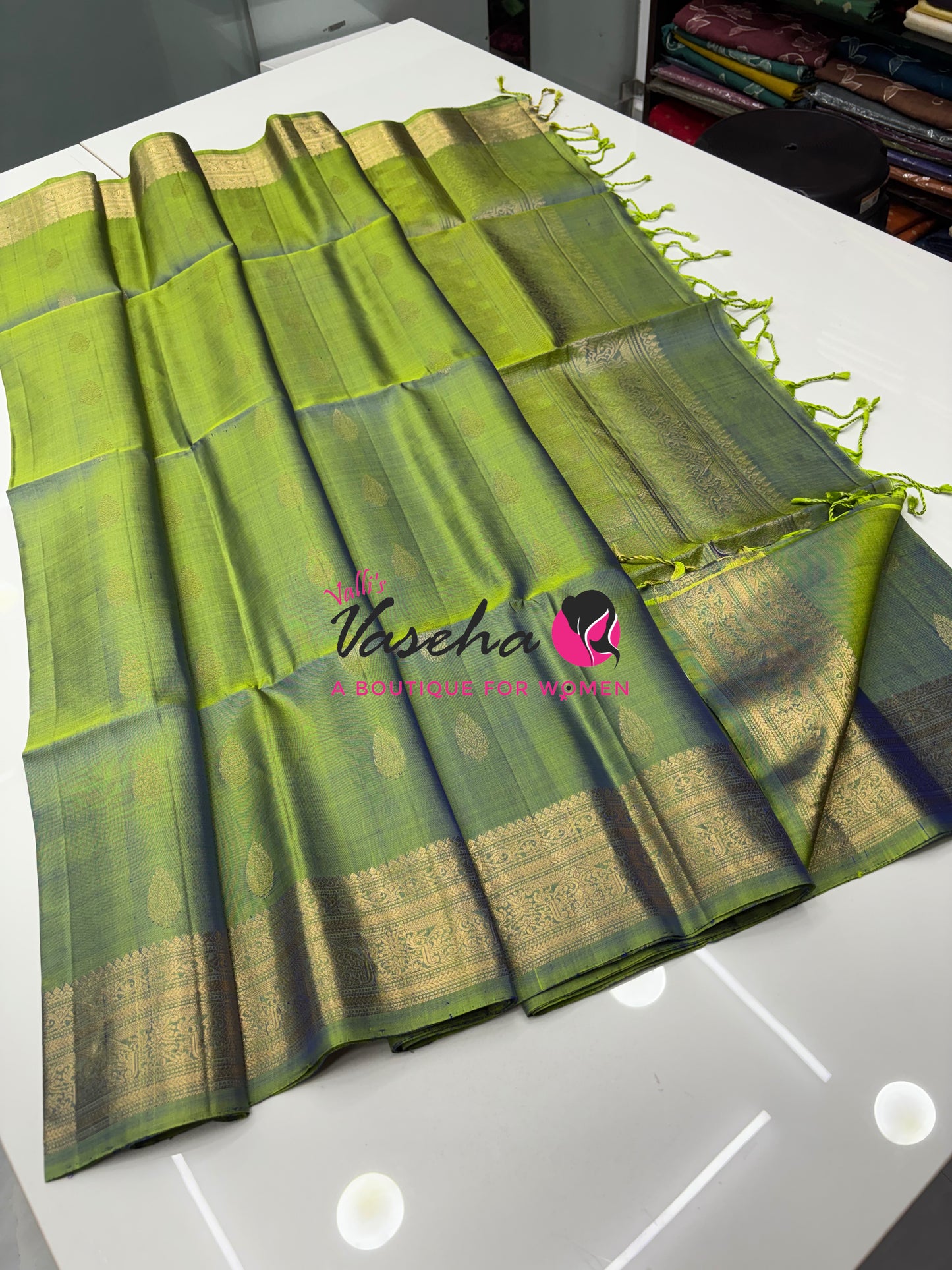 Pure Soft Silk Saree - Kanchi Border - Lemon Green Combo - VVPSS046