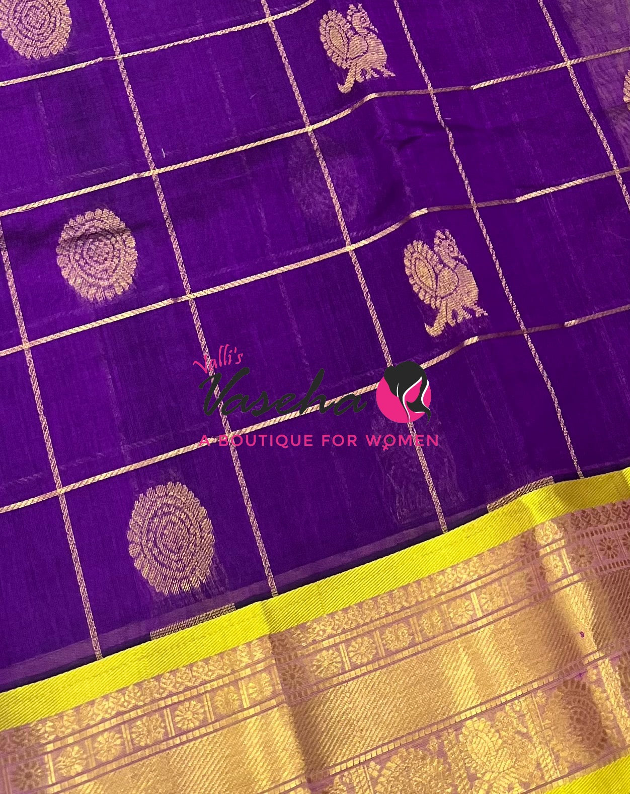 Pure Silk Cotton Saree - Mayil & Chakkaram Design - Purple With Lemon Yellow VVMC001