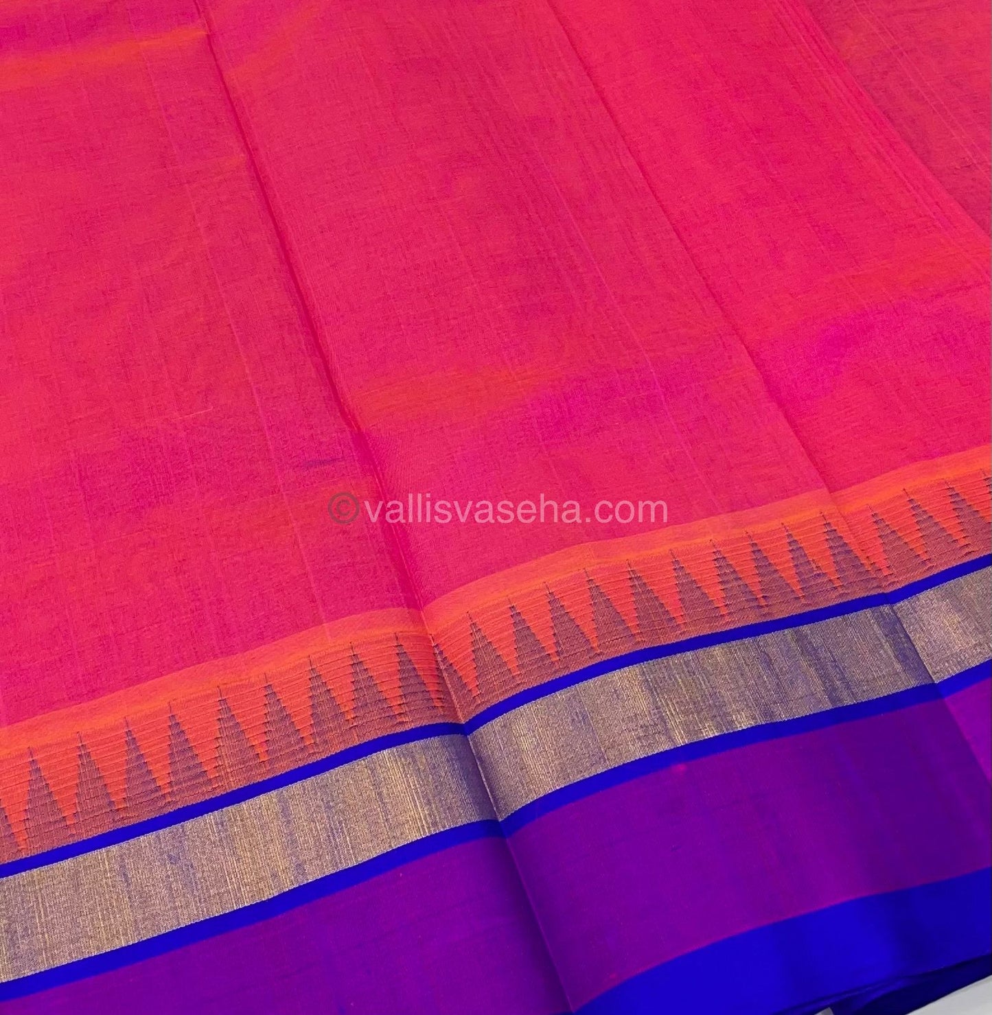 Pure Korvai Silk Cotton Saree - Pinkish Peach with Violetish Blue Combo - Temple border - VVKSC001