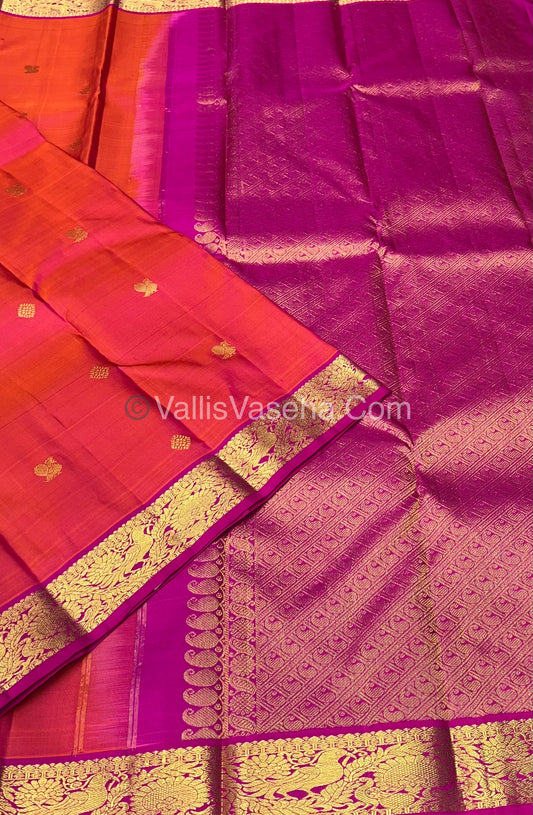 Pure Kanchipuram Silk Saree - Peachish Orange With Pink Shade  - VVPS022