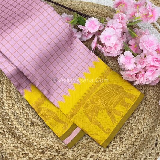 Semi Silk Saree - Kanchi Silk Style - Elephant Border - Pink with yellow - VVSSS005