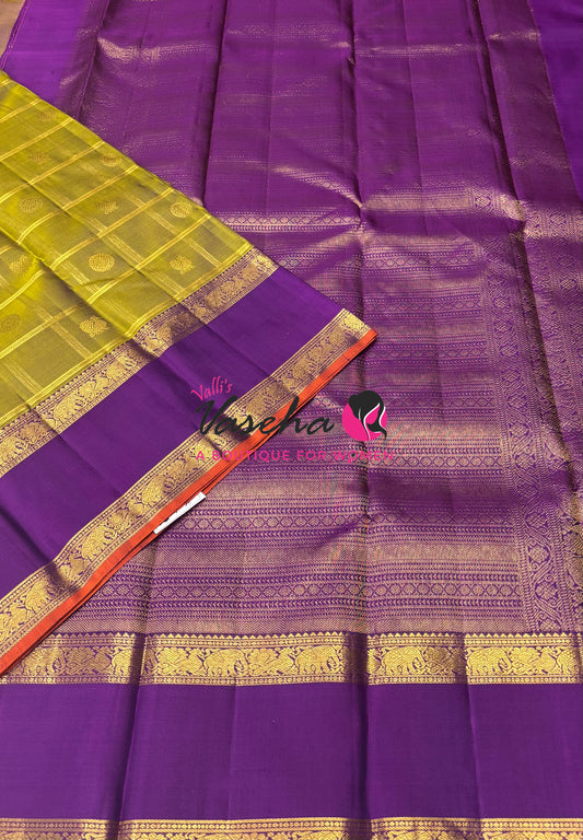 Pure Bridal Kanchipuram Silk Saree -  Green & Purple Combo - VVPS076