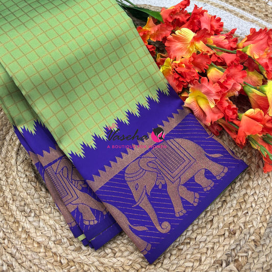 Semi Silk Saree - Kanchi Silk Style - Elephant Border - Green with Blue  - VVSSS005