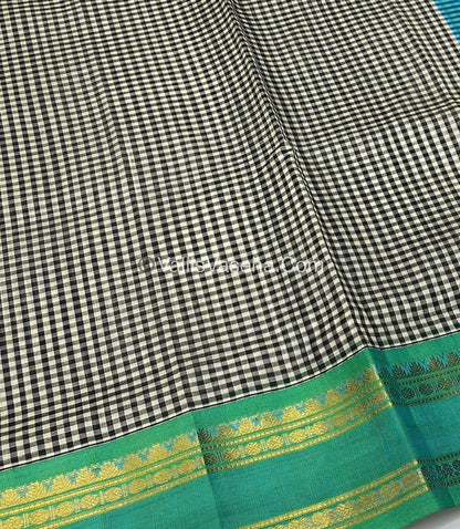 Pre Booking [5-7 weeks] |Pure Korvai Silk Cotton - Podi Kattam -White & Black with Teal Green - Retta Petta Border - VVKSC003