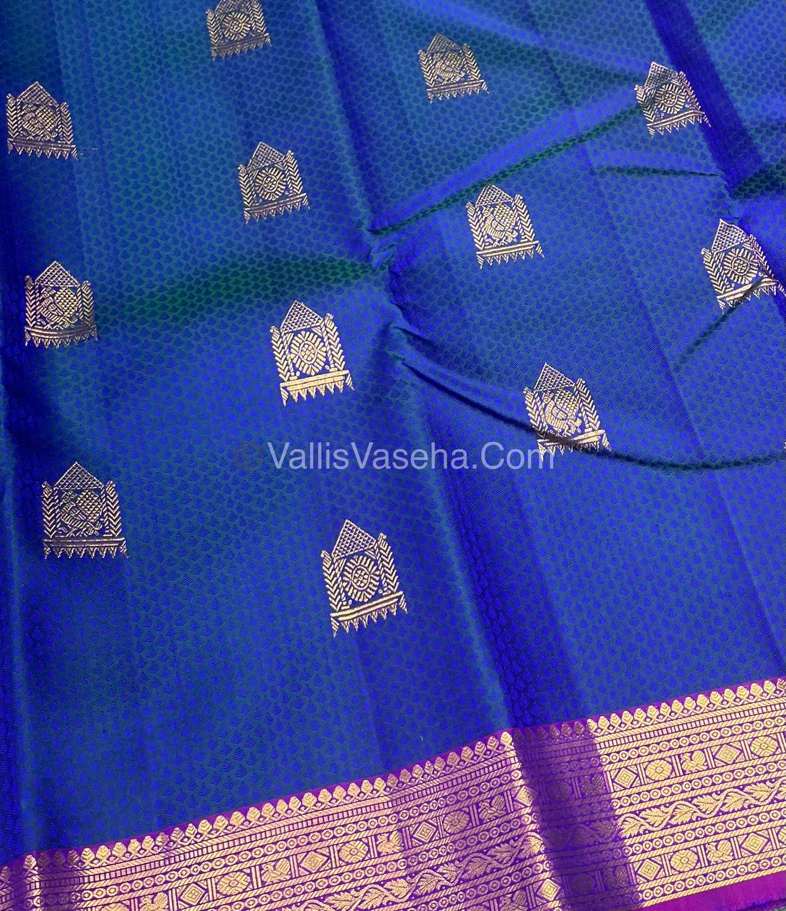 Pure Kanchipuram Bridal Silk Saree - Embossed Design - Peacock Blue With Purple Shade  - VVPS023
