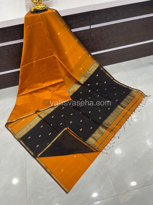 Pure Maheshwari Silk Cotton Saree - Orangish Rust & Black Color - VVMSC002